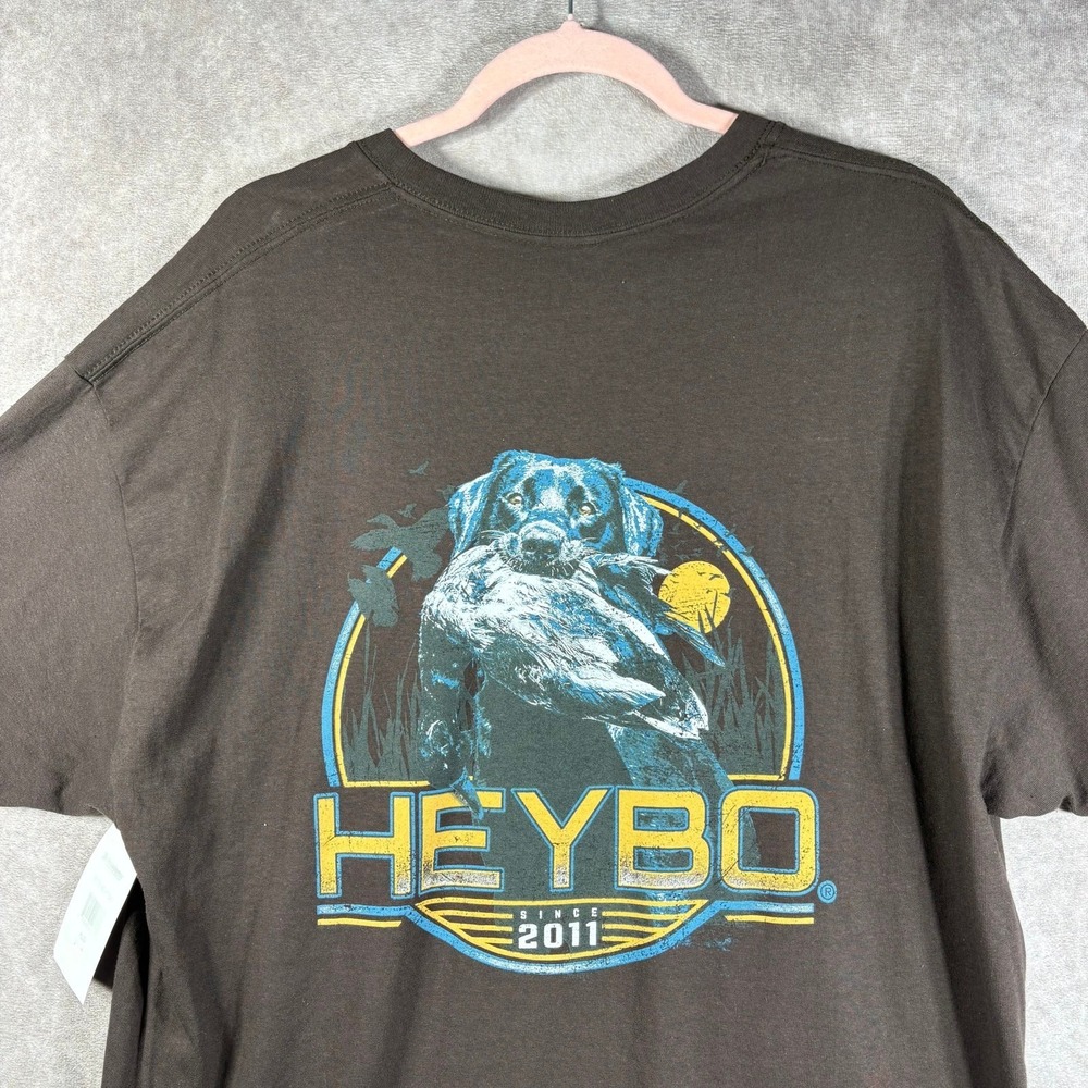 Heybo Shirt Men Size XL Brown Graphic Short Sleeves Crew Neck Casual Dog Hunting